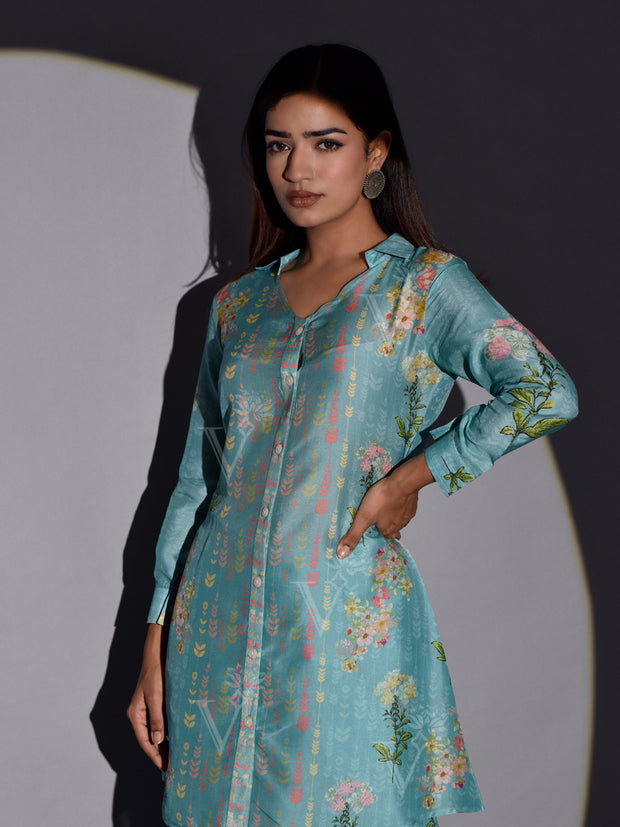 Turquoise Vasansi Silk Printed Co Ord Set