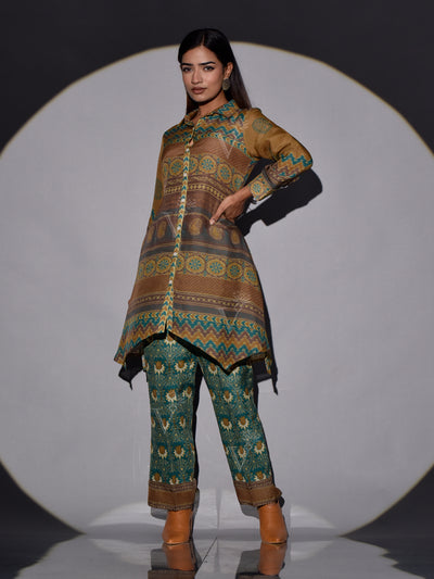 Brown and Green Vasansi Silk Printed Co Ord Set