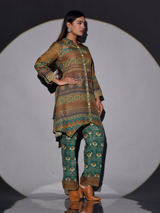 Brown and Green Vasansi Silk Printed Co Ord Set