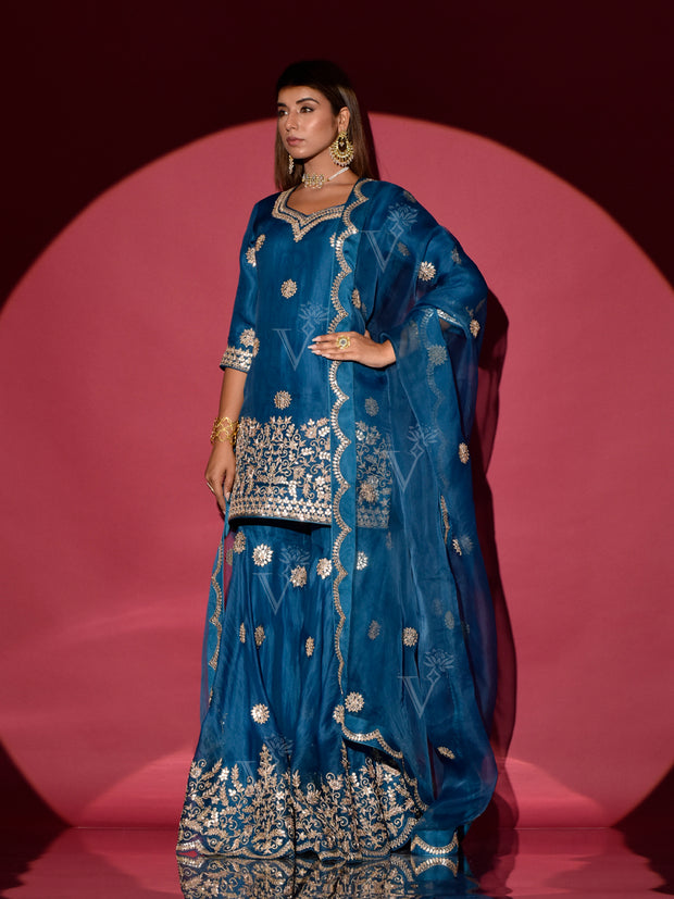 Blue Organza Gota Patti Kurta and Sharara Set