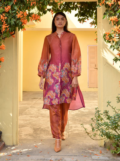 Brown and Purple Vasansi Silk Printed Co Ord Set