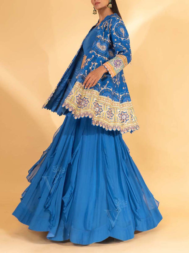 Blue Silk Peplum and Skirt Set