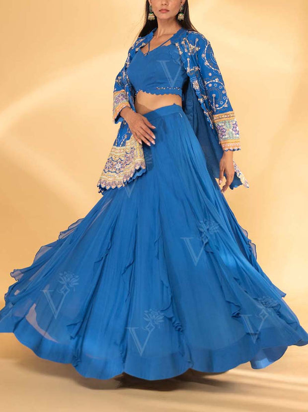 Blue Silk Peplum and Skirt Set