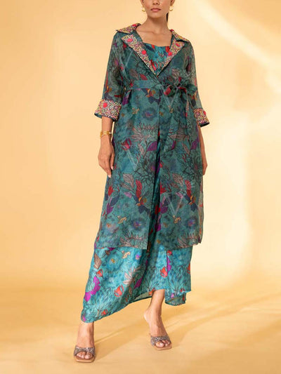 Turquoise Silk Printed Dress