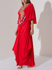 Red Embroidered Cape and Drape Skirt Set