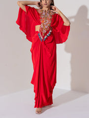 Red Embroidered Cape and Drape Skirt Set