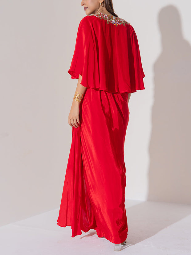 Red Embroidered Cape and Drape Skirt Set