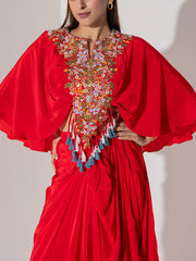 Red Embroidered Cape and Drape Skirt Set