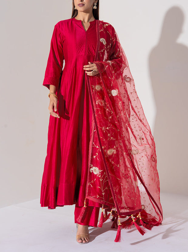 Maroon Chanderi Silk Anarkali Suit Set