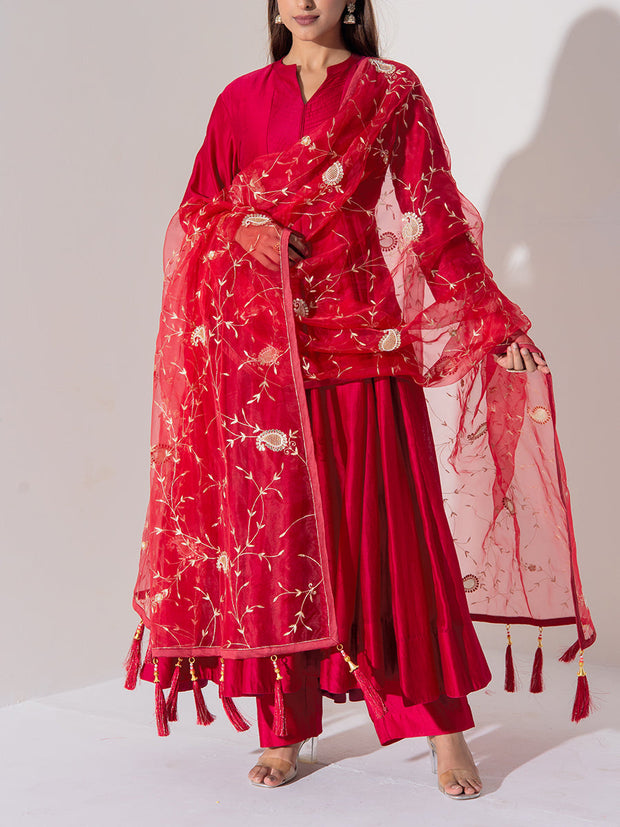Maroon Chanderi Silk Anarkali Suit Set