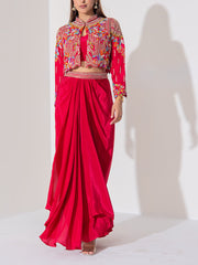 Maroon Silk Jacket and Drape Skirt Set
