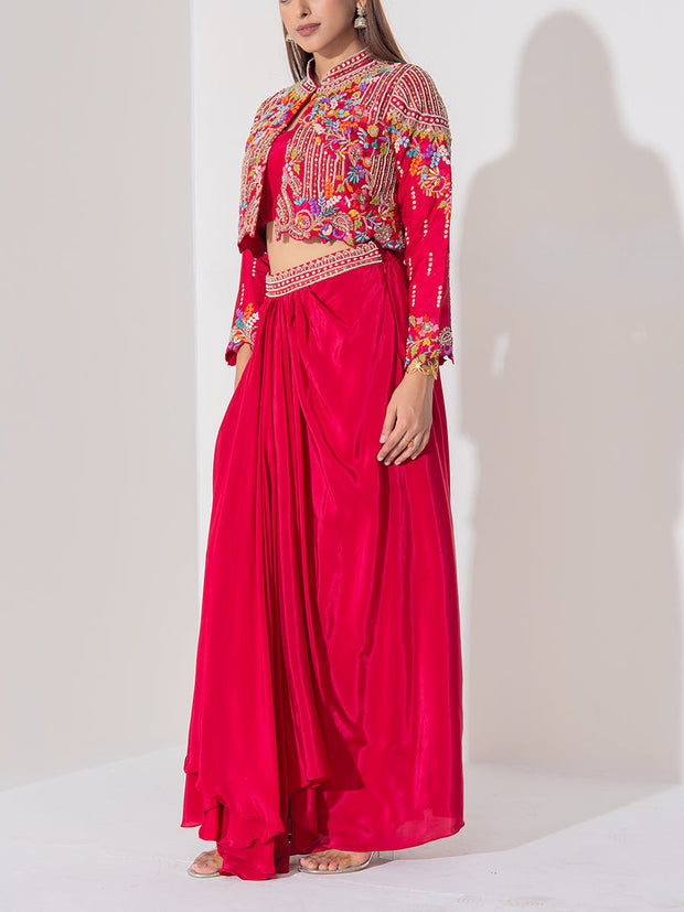 Maroon Silk Jacket and Drape Skirt Set