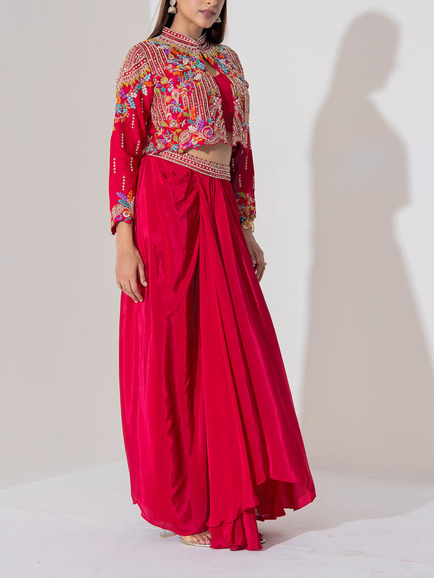 Maroon Silk Jacket and Drape Skirt Set