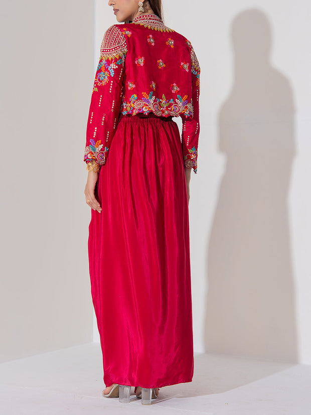 Maroon Silk Jacket and Drape Skirt Set
