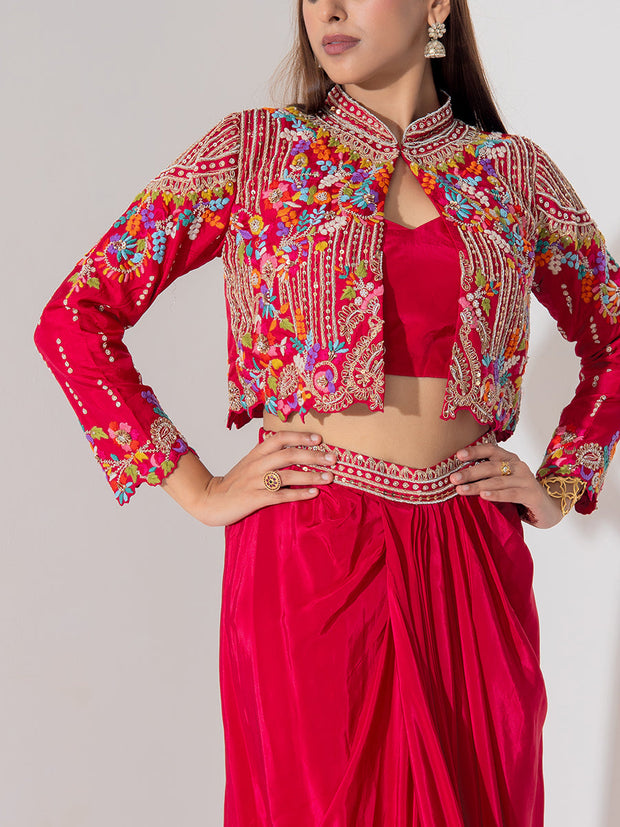 Maroon Silk Jacket and Drape Skirt Set