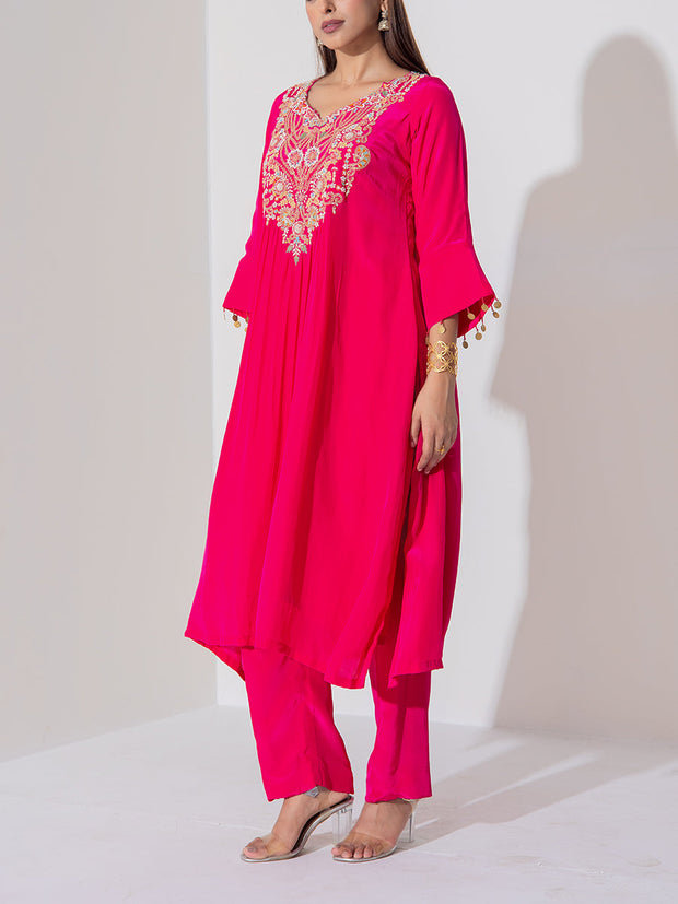 Pink Crepe Silk Kurta and Pant Set