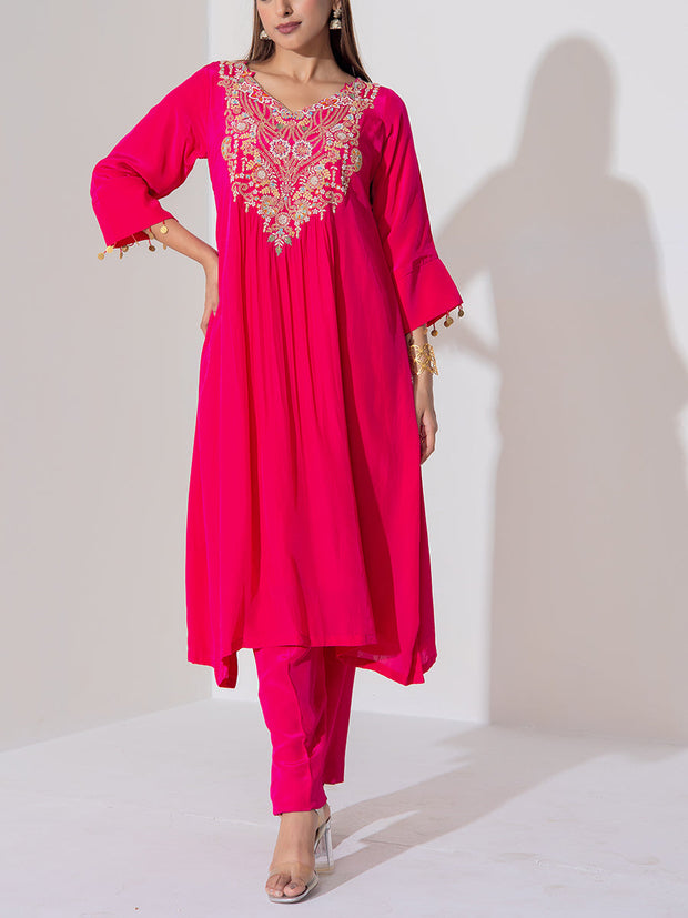 Pink Crepe Silk Kurta and Pant Set