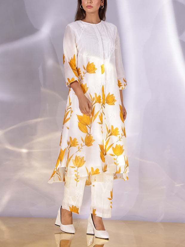 White and Yellow Floral Printed Vasansi Silk Co Ord Set