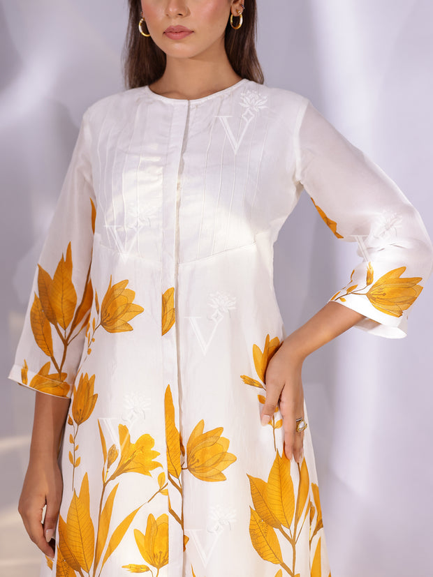 White and Yellow Floral Printed Vasansi Silk Co Ord Set