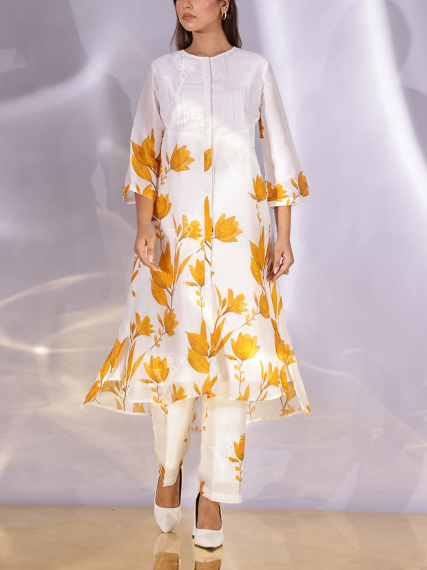 White and Yellow Floral Printed Vasansi Silk Co Ord Set
