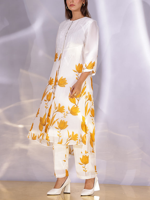 White and Yellow Floral Printed Vasansi Silk Co Ord Set