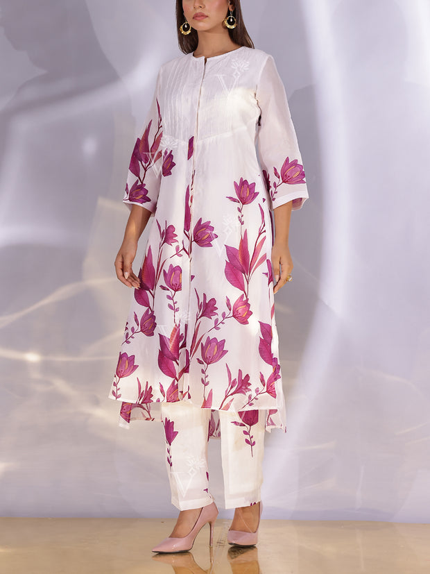 White and Wine Floral Printed Vasansi Silk Co Ord Set