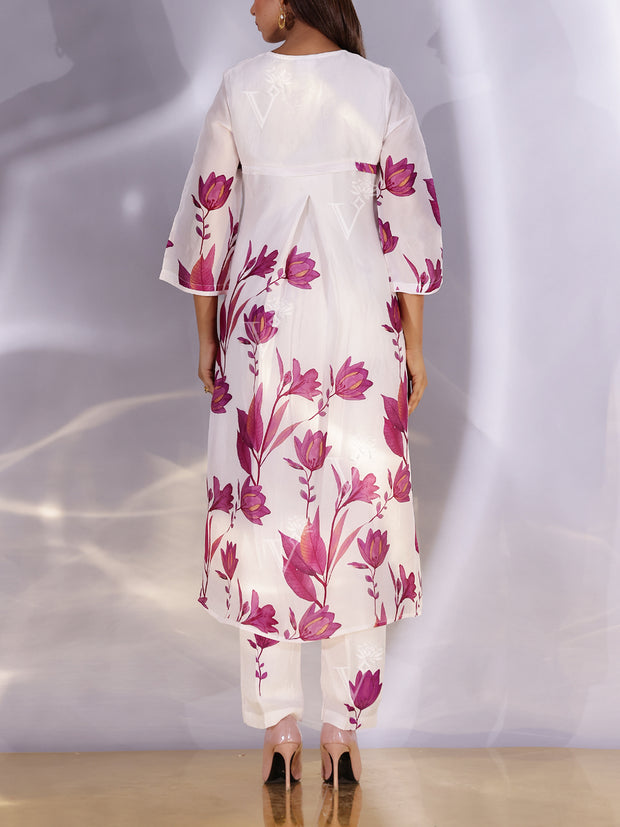 White and Wine Floral Printed Vasansi Silk Co Ord Set