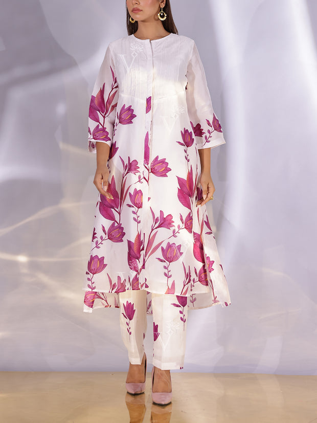 White and Wine Floral Printed Vasansi Silk Co Ord Set
