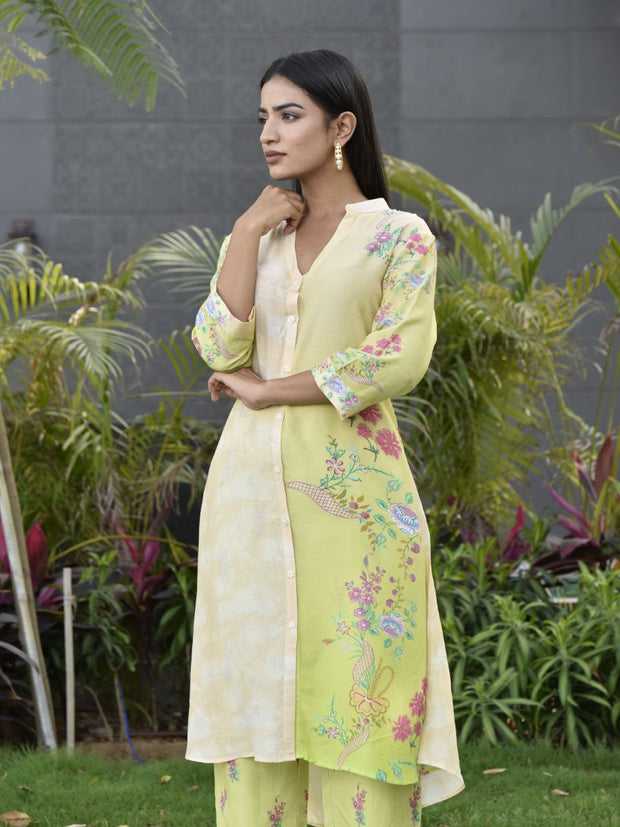 Lime Green and Cream Vasansi Silk Printed Co Ord Set