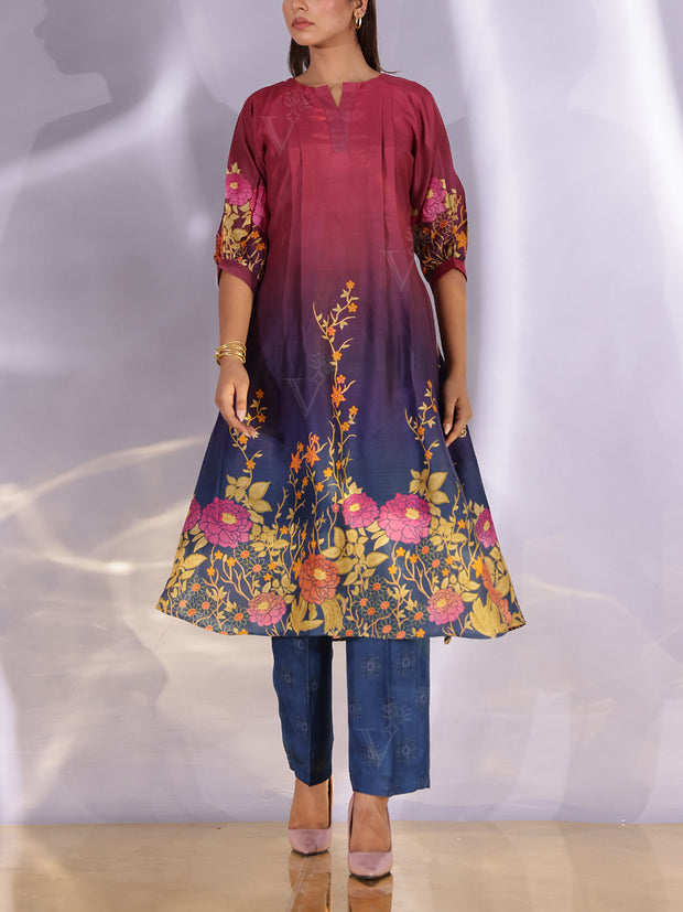 Wine and Blue Vasansi Silk Printed Co Ord Set