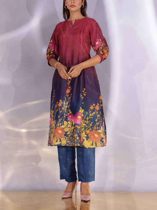 Wine and Blue Vasansi Silk Printed Co Ord Set