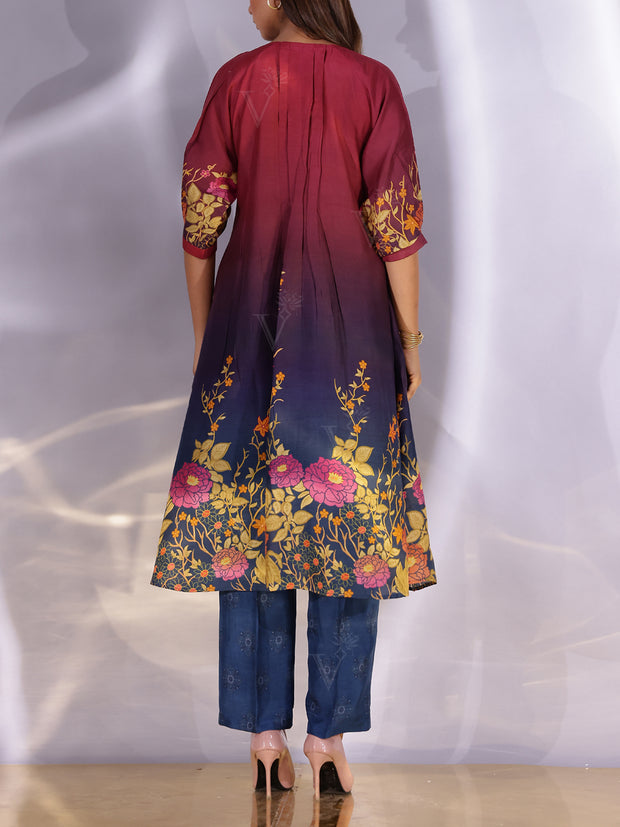 Wine and Blue Vasansi Silk Printed Co Ord Set