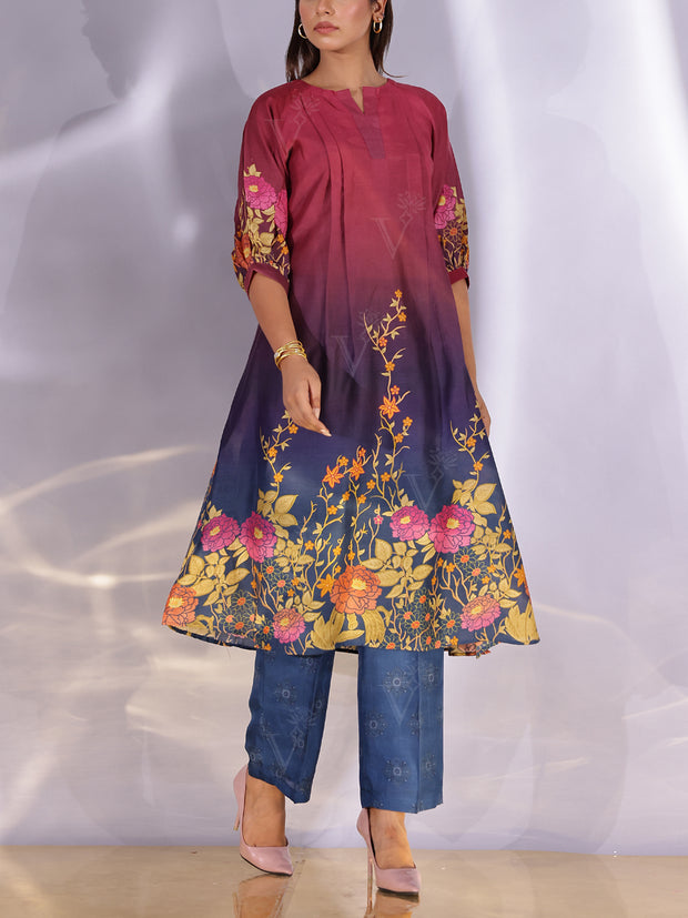 Wine and Blue Vasansi Silk Printed Co Ord Set