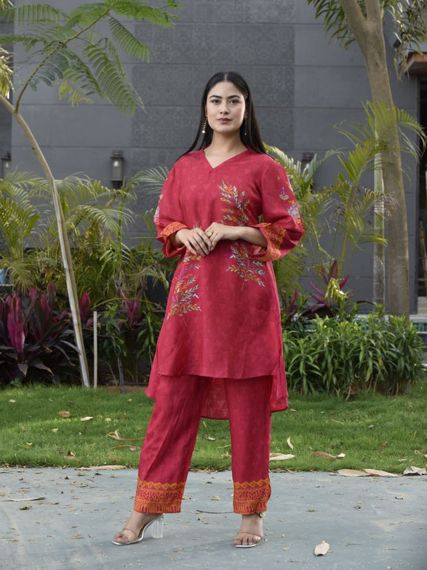 Red Vasansi Silk Printed Co Ord Set