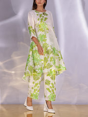 White and Green Vasansi Silk Printed Co Ord Set