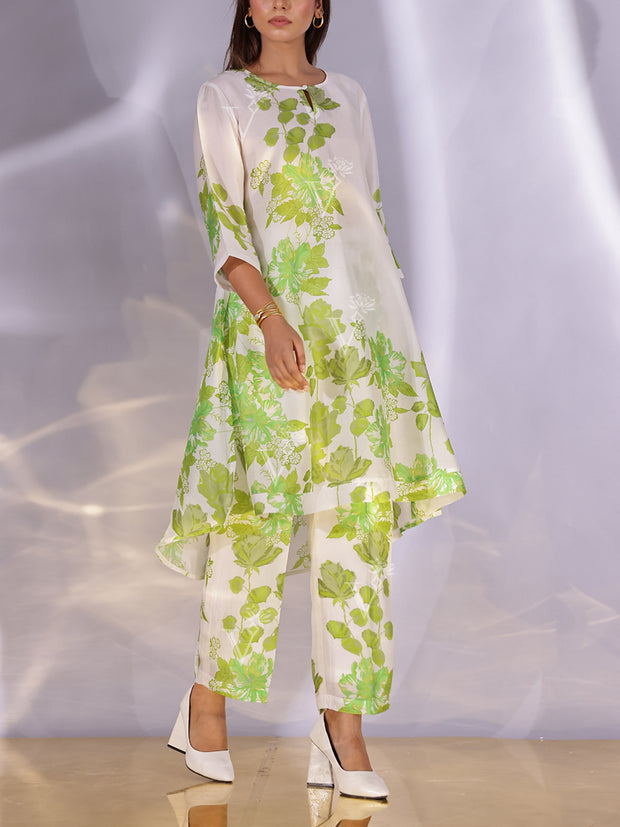 White and Green Vasansi Silk Printed Co Ord Set