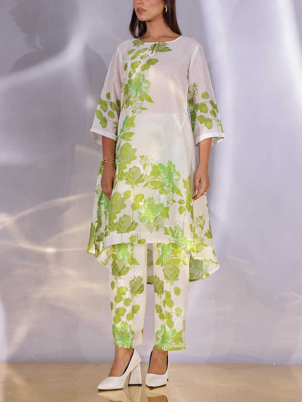 White and Green Vasansi Silk Printed Co Ord Set
