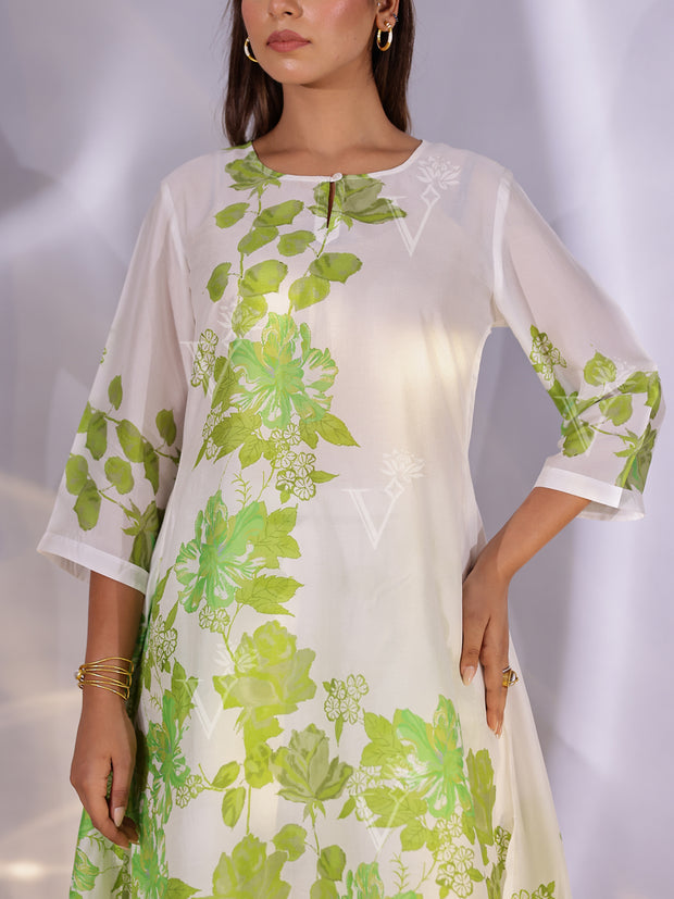 White and Green Vasansi Silk Printed Co Ord Set