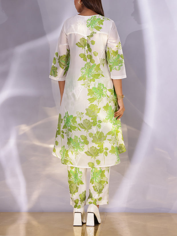 White and Green Vasansi Silk Printed Co Ord Set