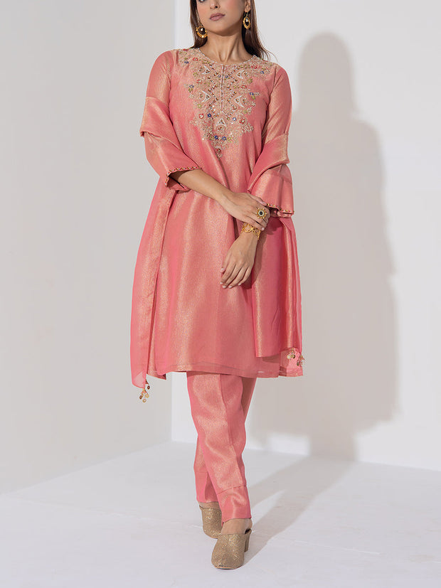 Peach Embroidered Kurta and Pant Set
