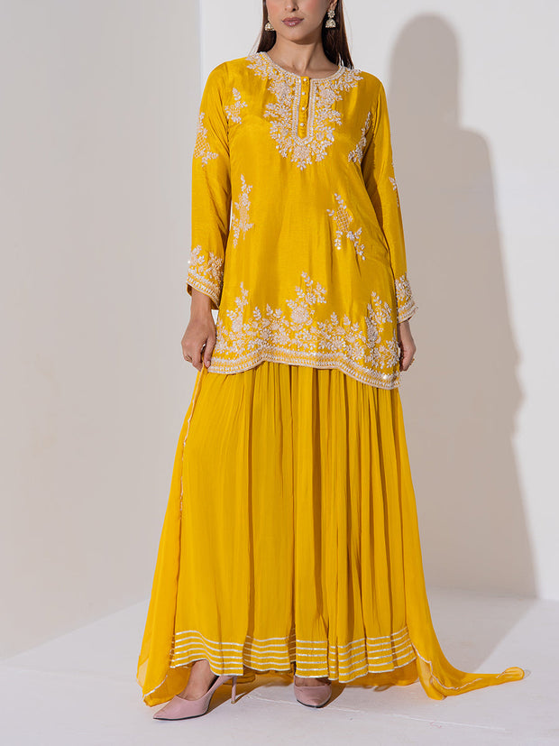Mustard Yellow Embroidered Kurta and Sharara Set