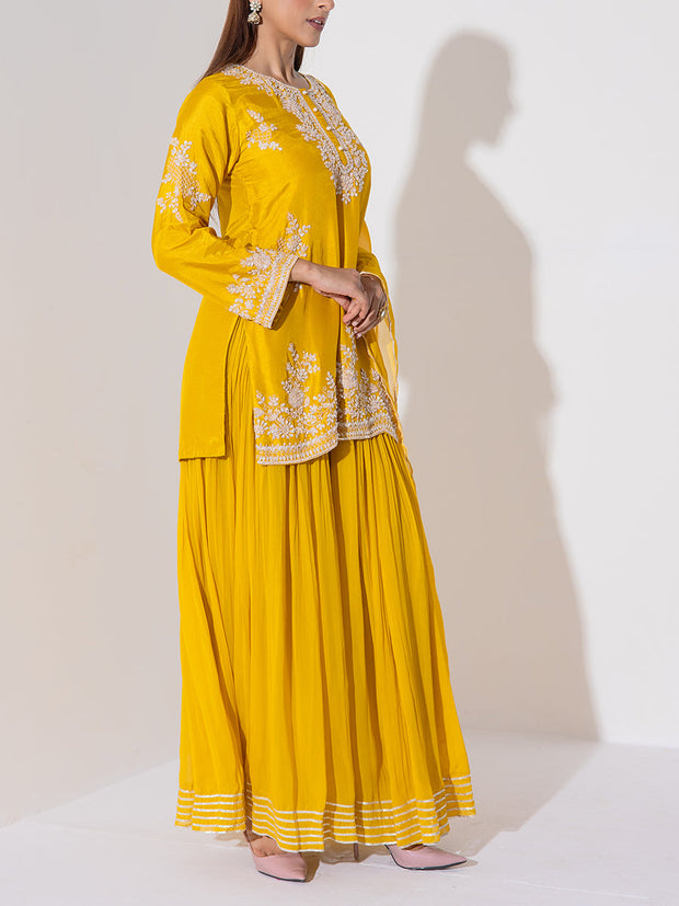 Mustard Yellow Embroidered Kurta and Sharara Set