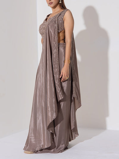 Brown Embroidered Drape Saree