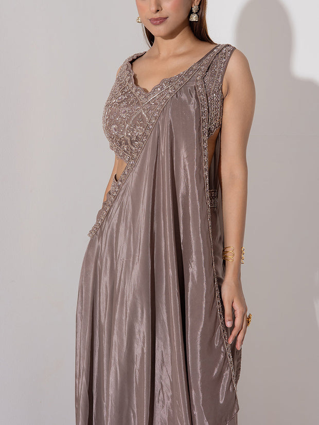 Brown Embroidered Drape Saree