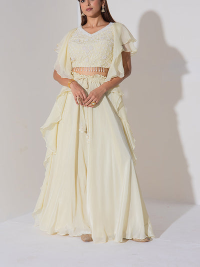 Off White Embroidered Top and Sharara Set