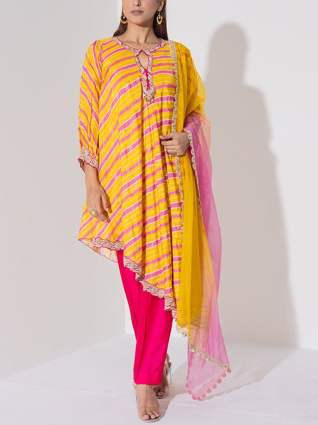 Yellow and Pink Leheriya Kurta and Pant Set