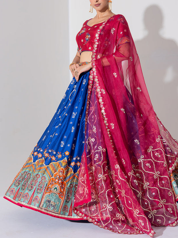 Red and Blue Vasansi Silk Embroidered Lehenga Set