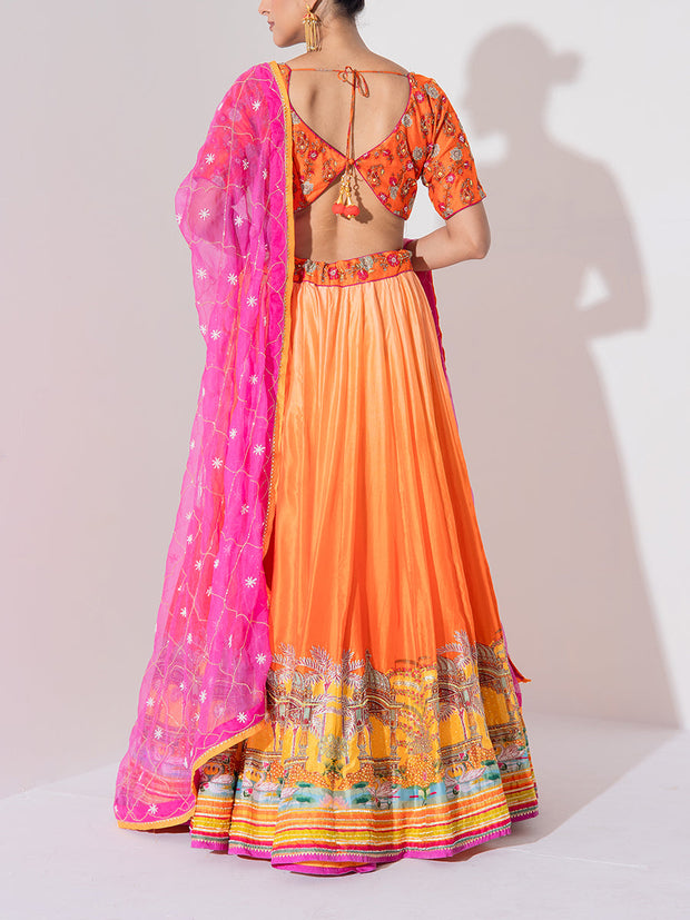 Orange and Pink Vasansi Silk Embroidered Lehenga Set