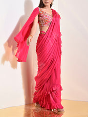 Pink Crepe Pre-Drape Saree