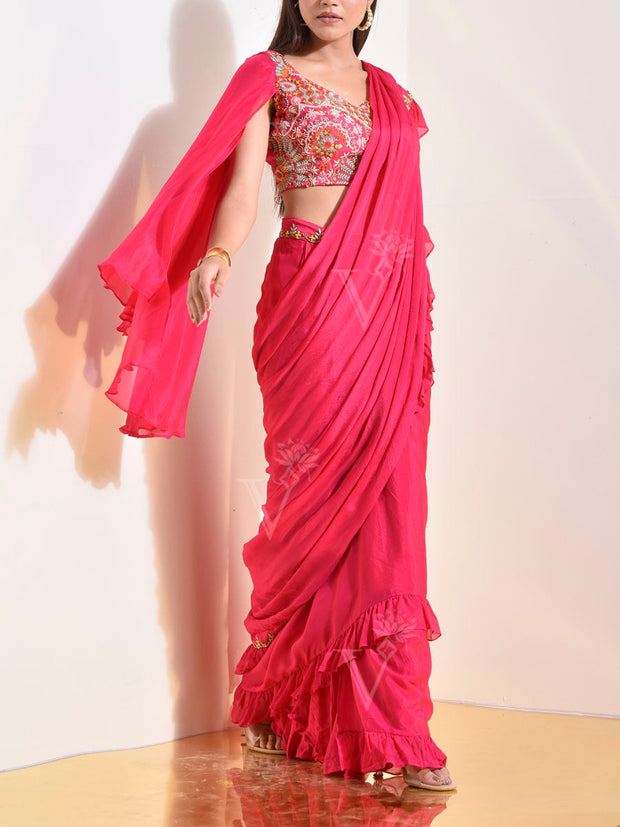 Pink Crepe Pre-Drape Saree